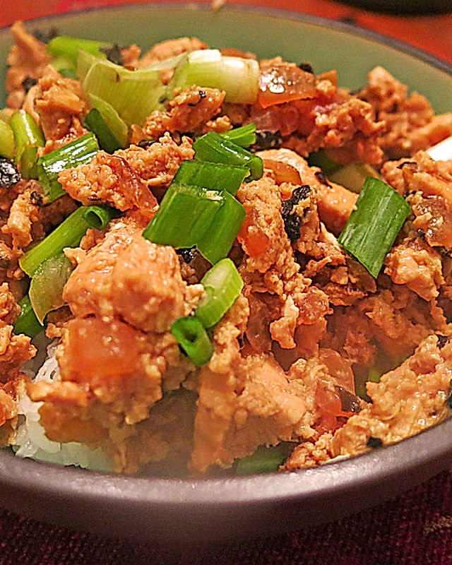 Japanisches Reisgericht mit Hühnerfleisch und Ei