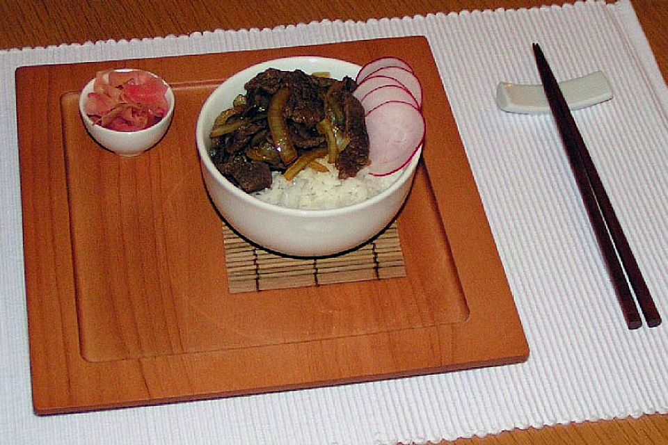 Japanischer Reistopf mit Rindfleisch und Zwiebeln