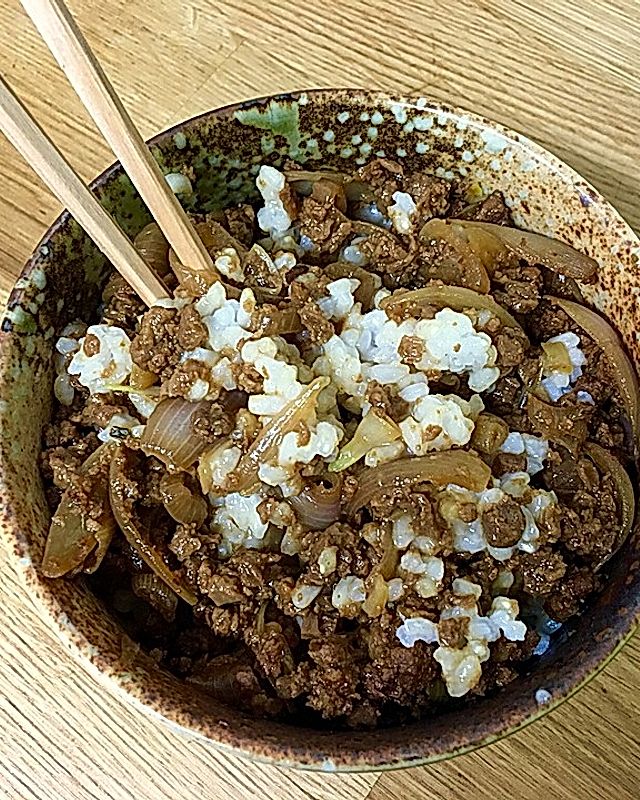 Japanischer Reistopf mit Rindfleisch und Zwiebeln