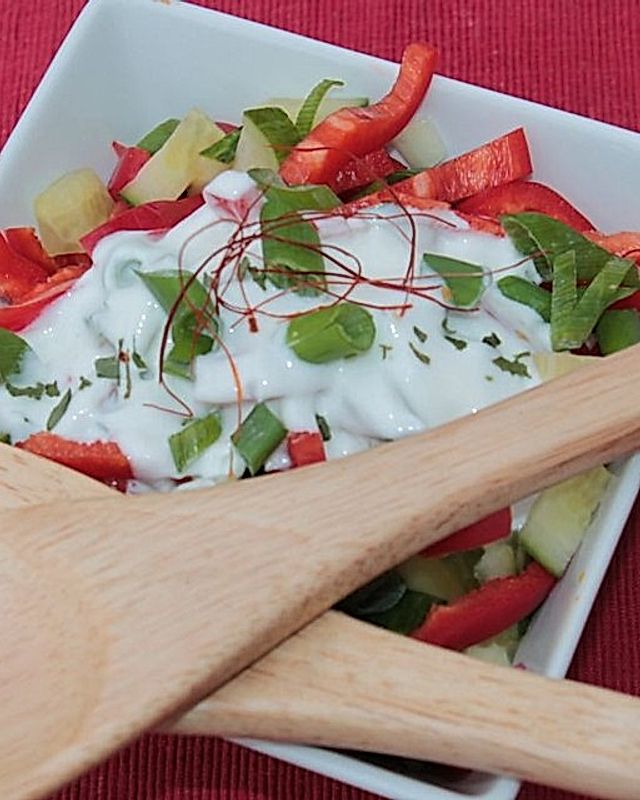 Paprika-Gurke-Skyr-Salat mit Lauchzwiebeln