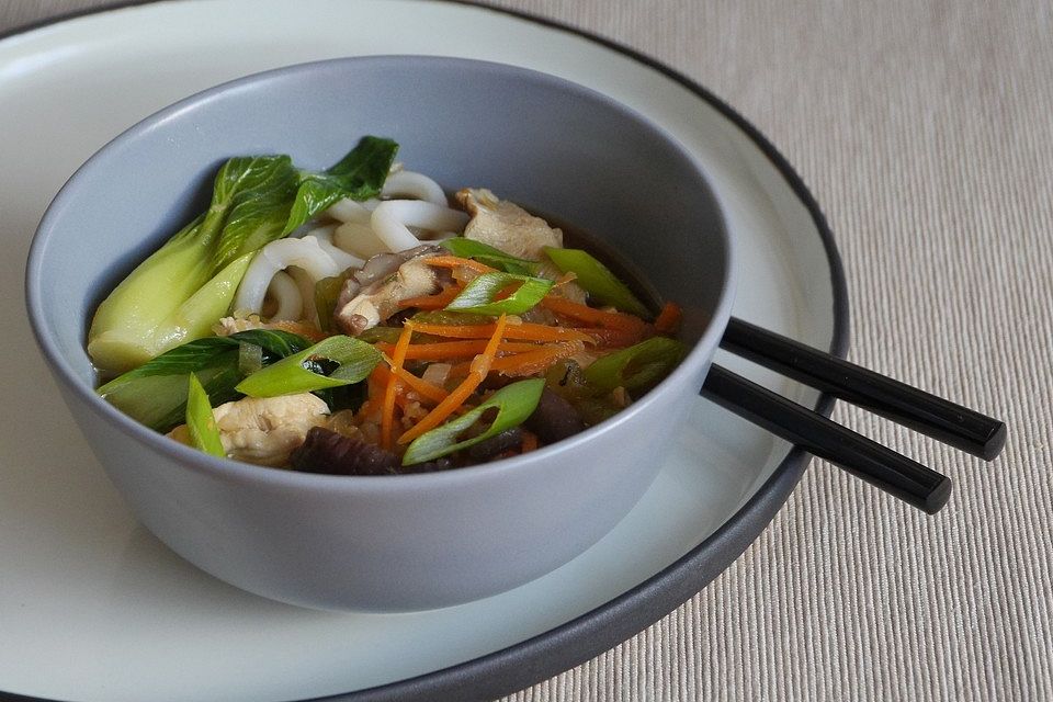 Udon-Nudel-Suppe mit Hähnchenfleisch, Shiitake, Pak Choi und Möhren