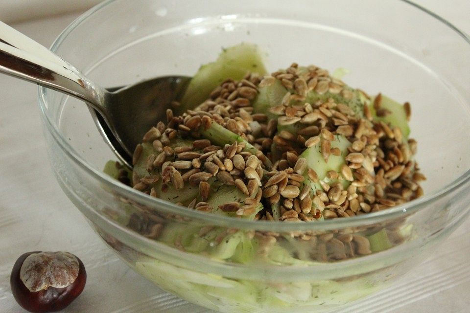 Gurkensalat mit gerösteten Sonnenblumenkernen und Frühlingszwiebeln