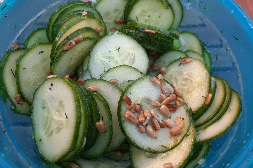 Gurkensalat mit gerösteten Sonnenblumenkernen und Frühlingszwiebeln