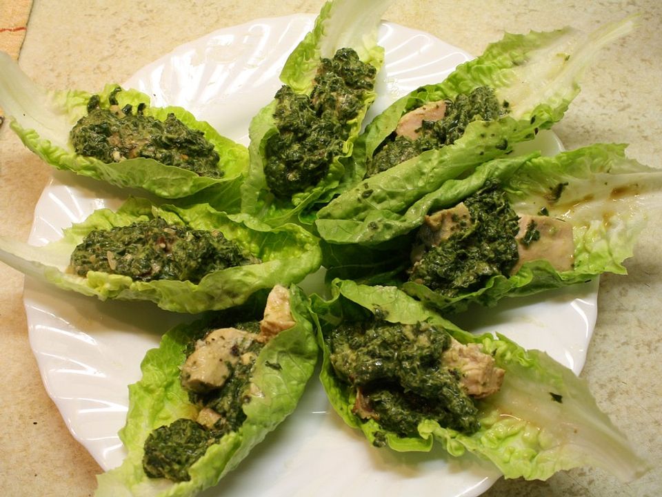 Romanasalat-Wrap mit Schweinefilet und Gorgonzolaspinat von Klaumix ...