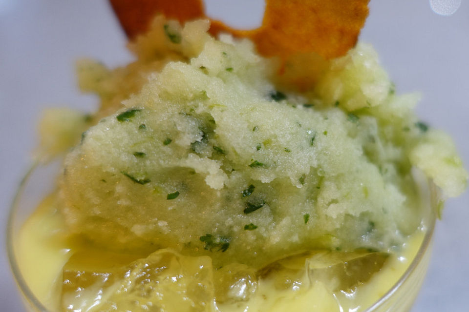 Apfel-Koriander-Sorbet mit Eukalyptusgelee und Ananas-Tatar in Zitronengrasöl