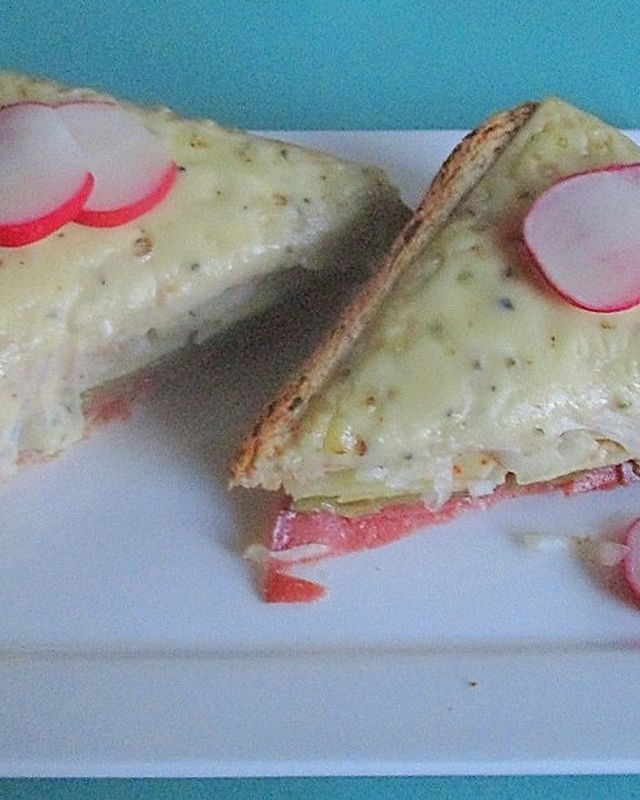Überbackenes Käse-Salami-Gurken-Sandwich