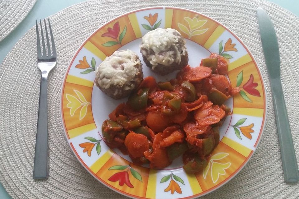 Rinderhackbällchen gefüllt mit Mozzarella und Paprika-Karottengemüse in Tomatensoße