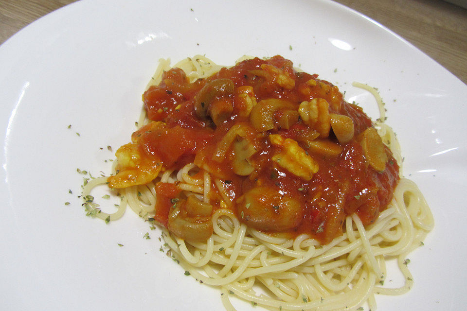 Spaghetti mit Garnelen in Knoblauch-Dill-Tomatensauce