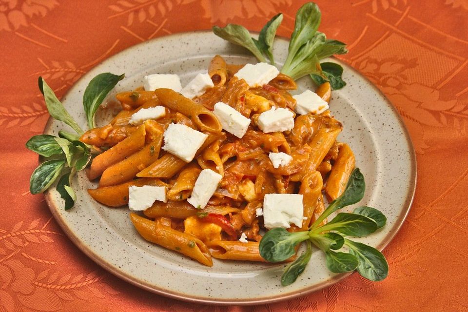 Penne Rigate mit Schafskäse und Nüssen