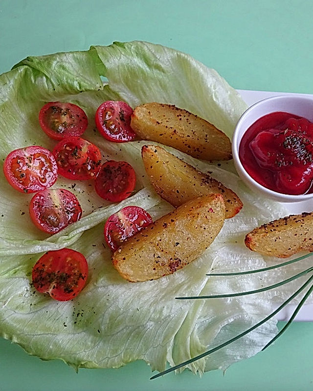 Kartoffelspalten mit Tomatenketchup und Salat
