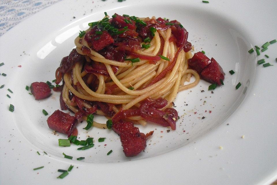 Spaghetti mit Balsamico-Zwiebeln