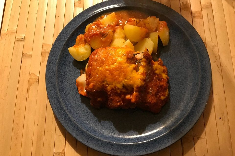 Kartoffel-Fischauflauf mit Tomaten-Senf-Dillsauce