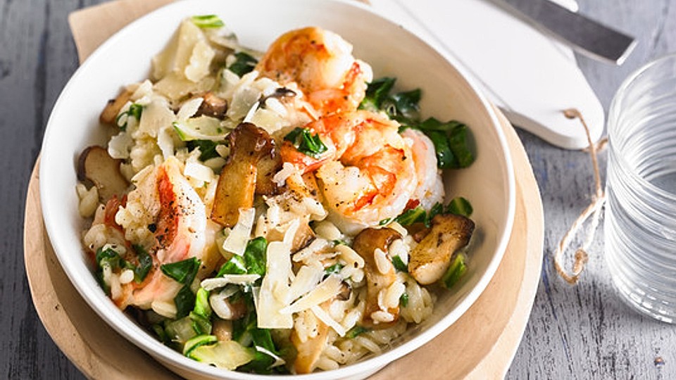 Pilzrisotto mit Mangold, Kräuterseitlingen und Garnelen von Yegua