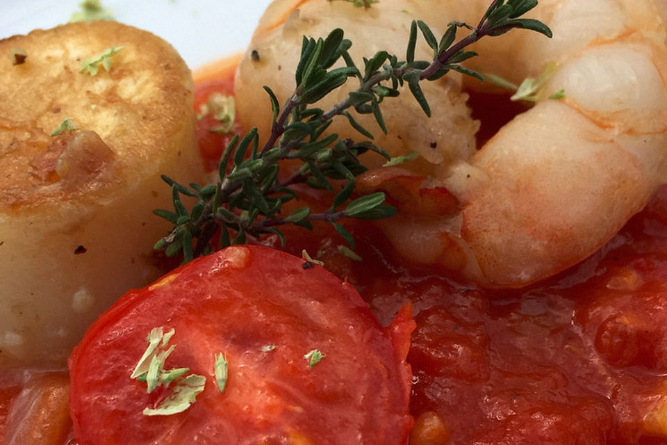 Garnelen und Jacobsmuscheln auf Tomatensugo