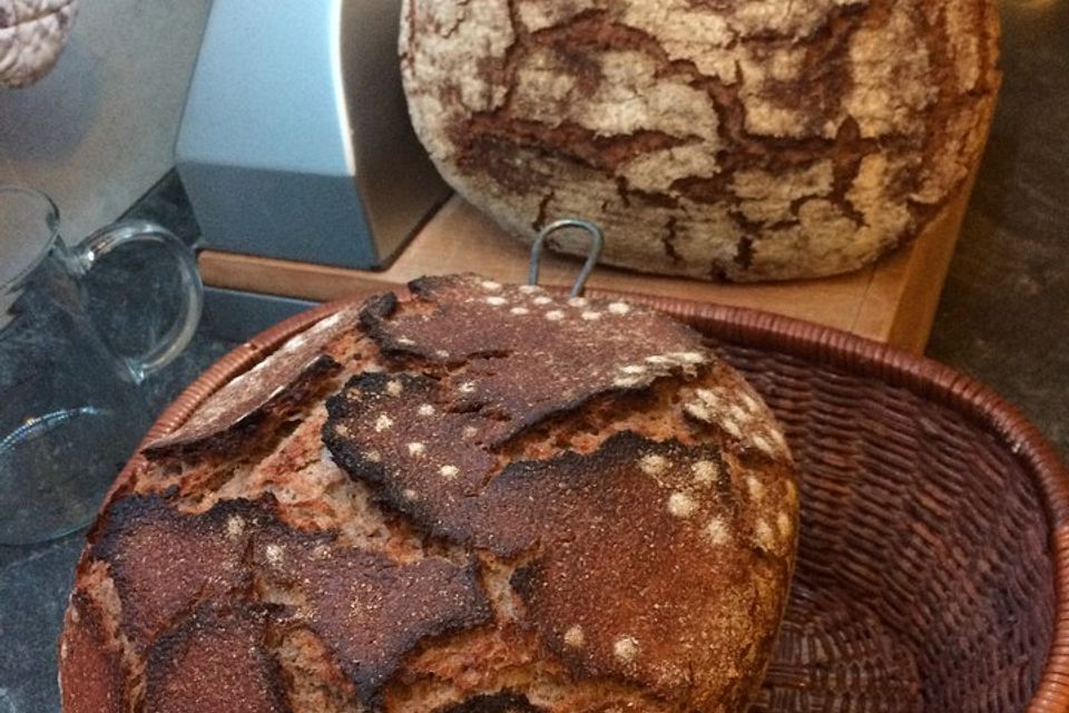 Sauerteig-Roggen-Weizen-Mischbrot im Topf gebacken