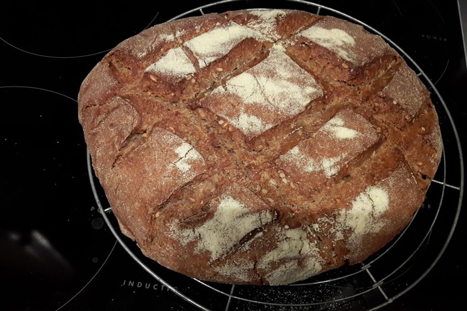 Sauerteig-Roggen-Weizen-Mischbrot im Topf gebacken