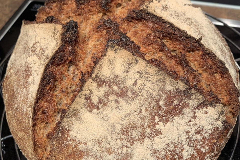 Sauerteig-Roggen-Weizen-Mischbrot im Topf gebacken