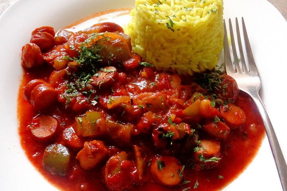 Wurstgulasch mit passierten Tomaten, Paprika und Gewürzen