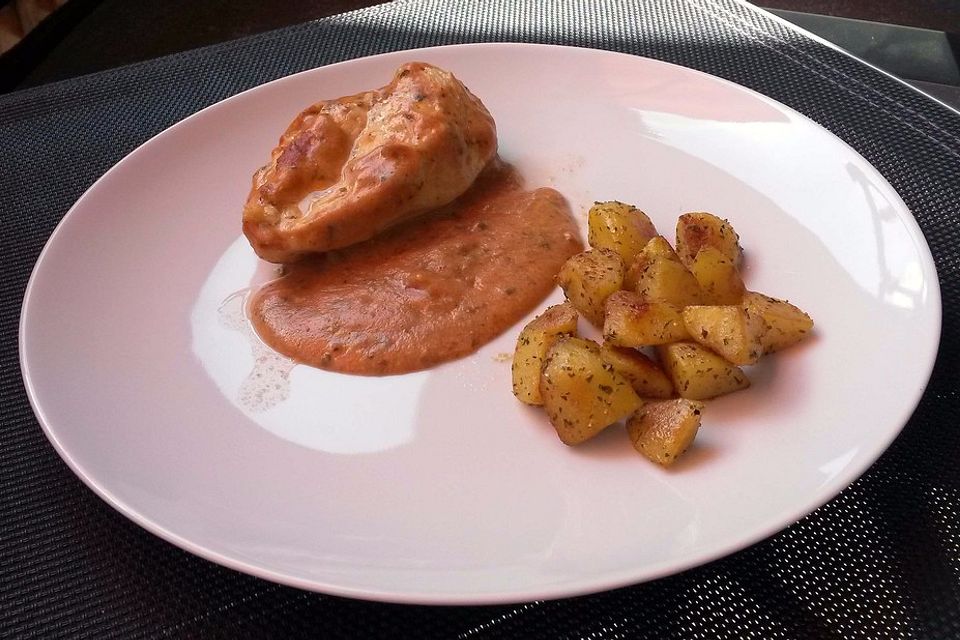 Pochiertes Hähnchenbrustfilet mit gebratenen Kartoffeln