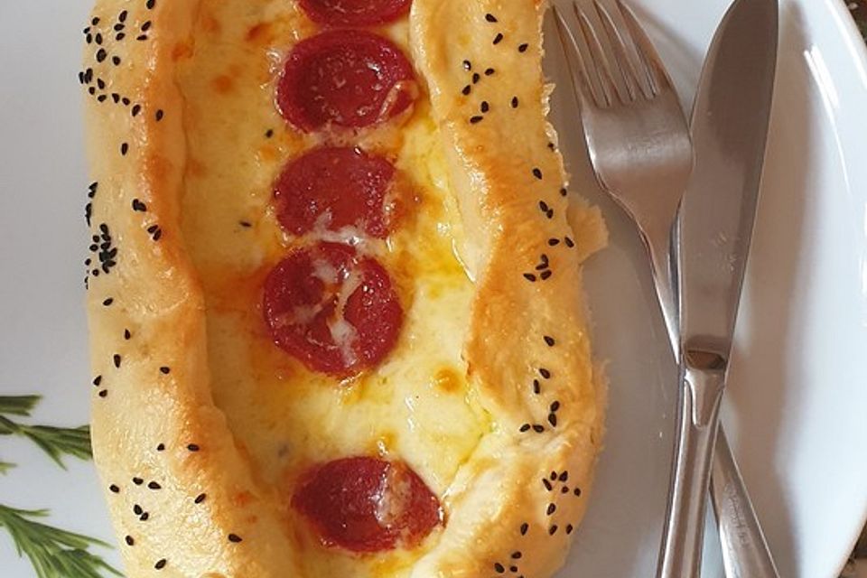 Türkische Pide mit Käse und Sucuk