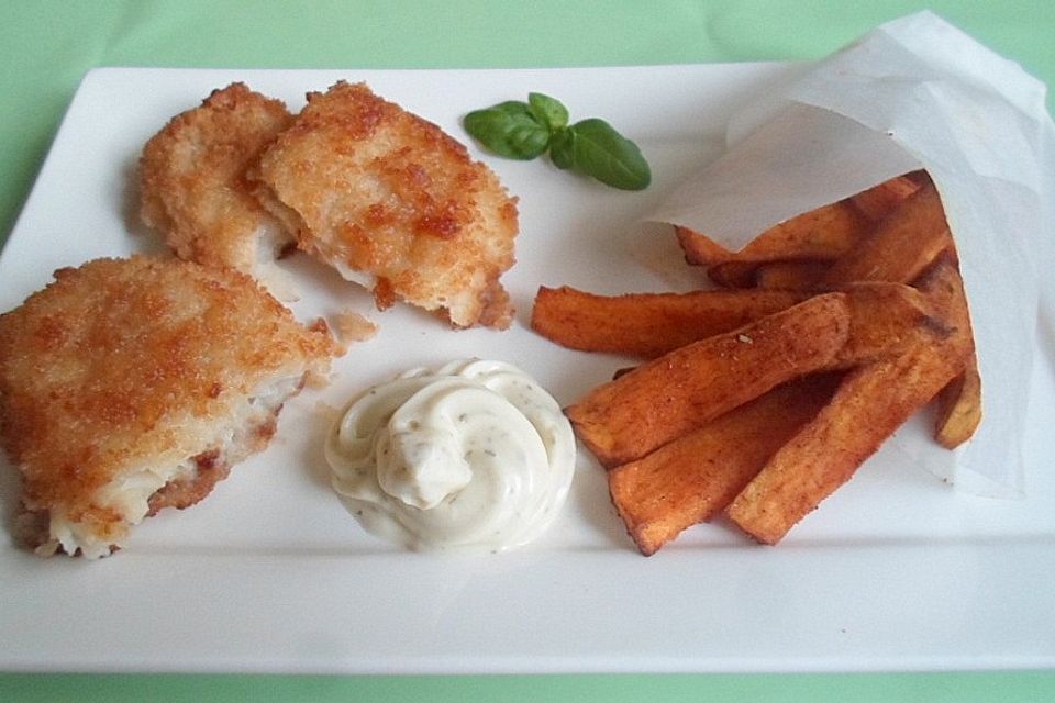 Fish 'n' Chips mit Rosmarin-Süßkartoffel-Pommes Frites