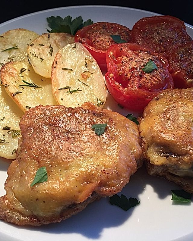 Hüftsteak-Piccata mit Gewürz-Tomaten und Rosmarin-Kartoffeln