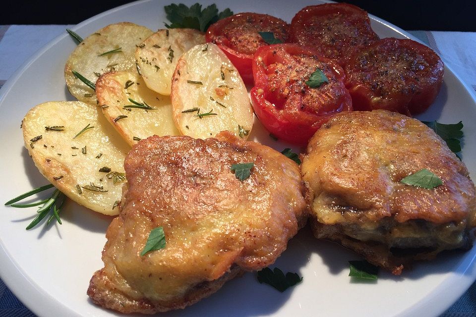 Hüftsteak-Piccata mit Gewürz-Tomaten und Rosmarin-Kartoffeln