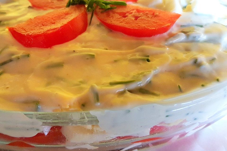 Schichtsalat "Tomate-Schinken-Ei"