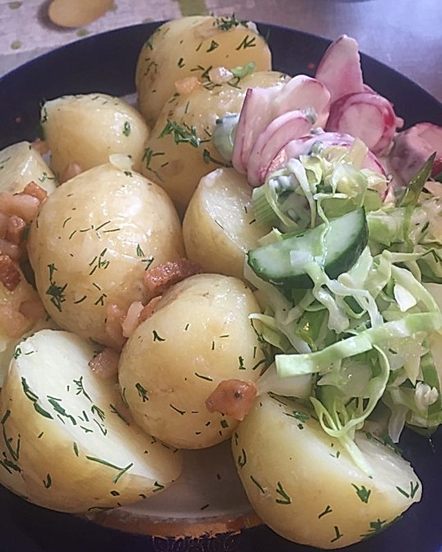 Frühkartoffeln mit Speckgrieben und Dill
