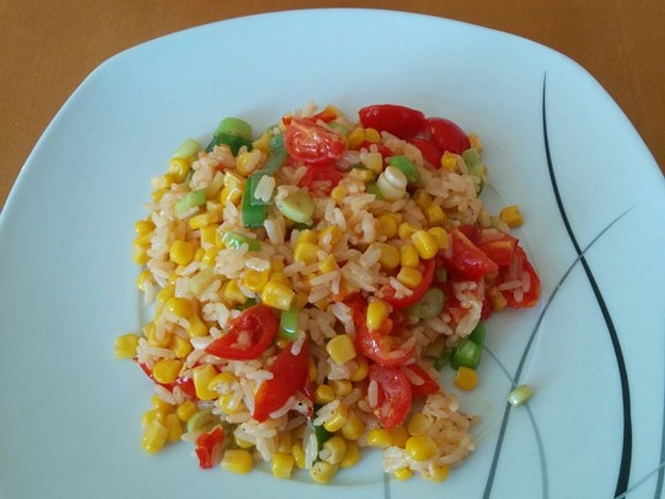 Reis-Tomaten-Mais-Pfanne mit Frühlingszwiebeln| Chefkoch
