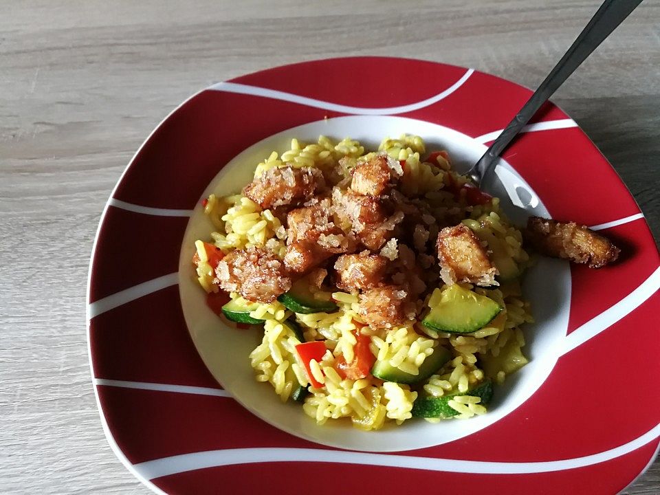 Curry-Reis-Gemüsepfanne mit Teriyaki-Hähnchen von Steffen-Podein| Chefkoch