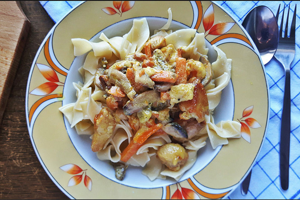 Hähnchenbruststreifen mit Champignons und Karottenstreifen