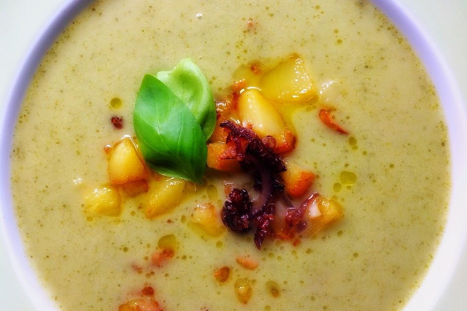 Brokkoli-Cremesuppe mit Bratkartoffeln und karamellisierten Zwiebeln