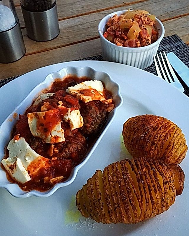 Köfte in Tomatensoße mit Fächerkartoffeln und türkischem Rührei