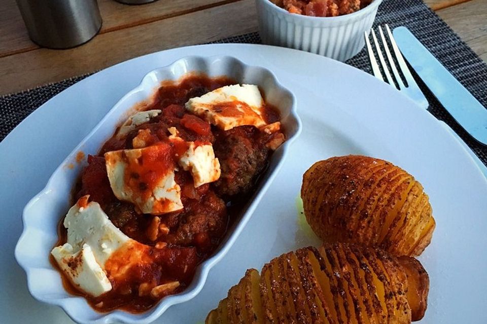 Köfte in Tomatensoße mit Fächerkartoffeln und türkischem Rührei