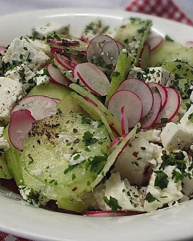 Salatgurke mit Radieschen und griechischem Feta