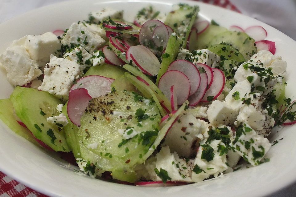 Salatgurke mit Radieschen und griechischem Feta