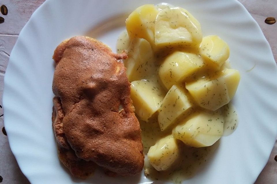 Kabeljau mit Senfkruste und weißer Dillsauce auf Salzkartoffeln