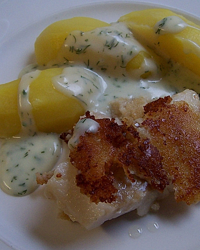 Kabeljau mit Senfkruste und weißer Dillsauce auf Salzkartoffeln
