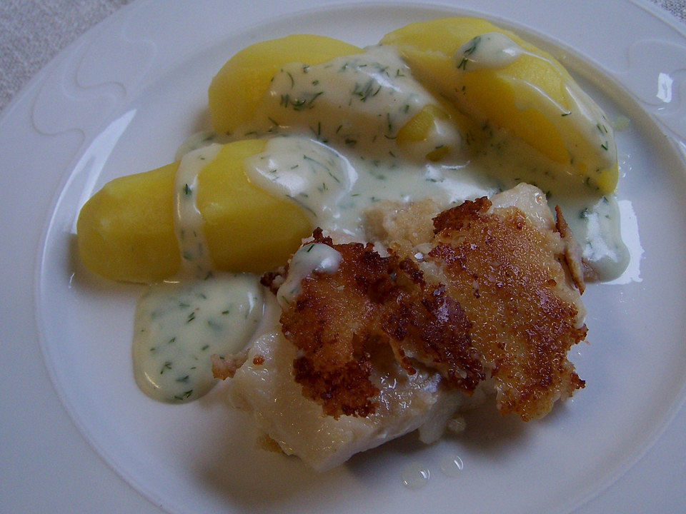 Kabeljau mit Senfkruste und weißer Dillsauce auf Salzkartoffeln von ...