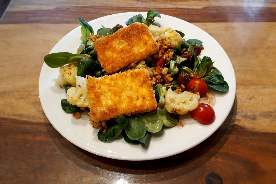 Gebackener Feta auf gemischtem Salat mit Honigdressing