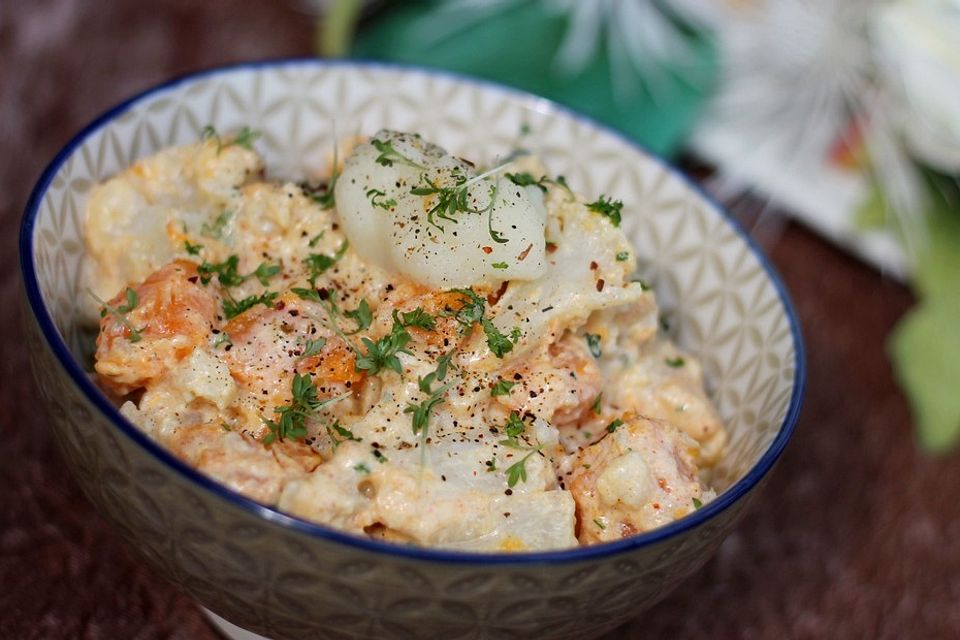 Orientalischer Blumenkohl-Süßkartoffel-Salat “Shawarma”-Style