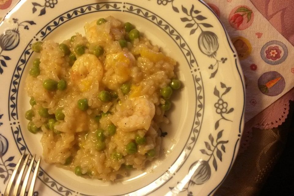 Erbsenrisotto mit Shrimps und Pfirsich