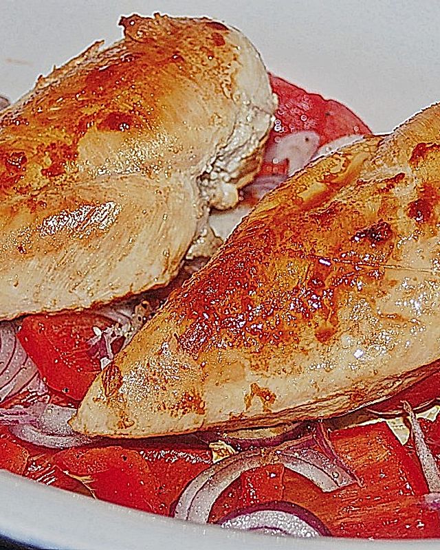Hähnchenbrust auf Paprika überbacken