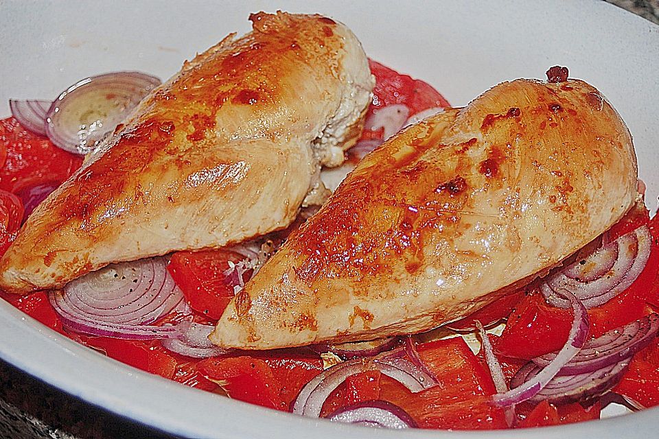 Hähnchenbrust auf Paprika überbacken