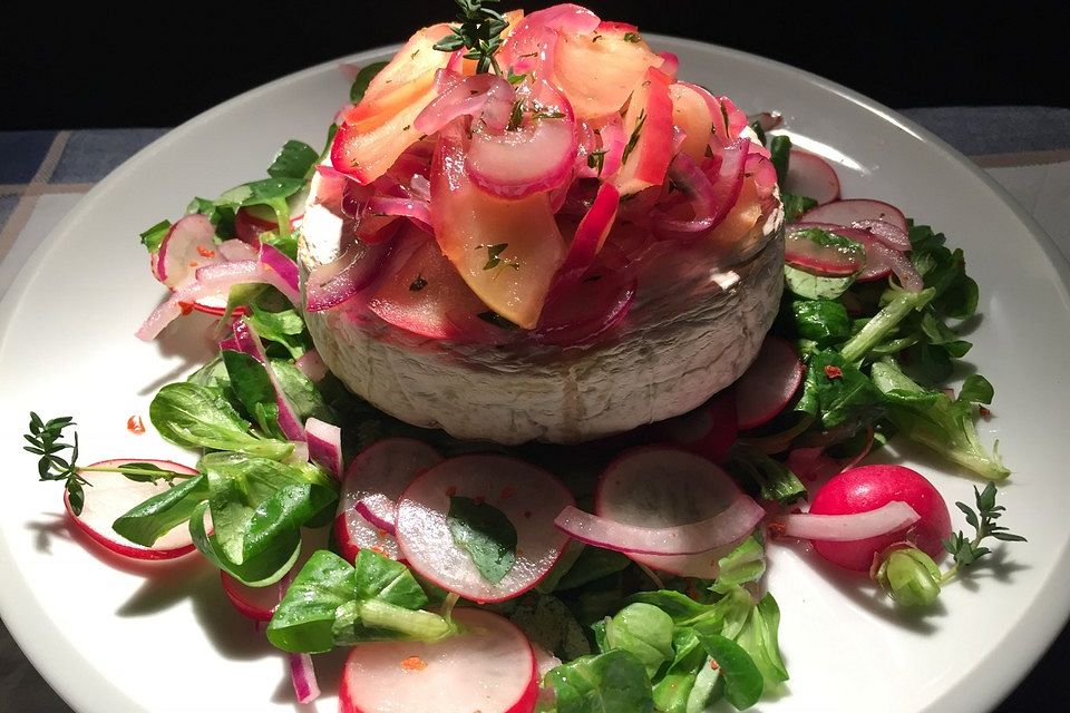 Ofencamembert mit Honig-Zwiebel-Apfel auf Radieschen-Feldsalat