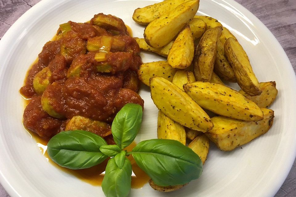 Currywurst-Gulasch mit feiner Bratwurst und Paprika-Kartoffelspalten