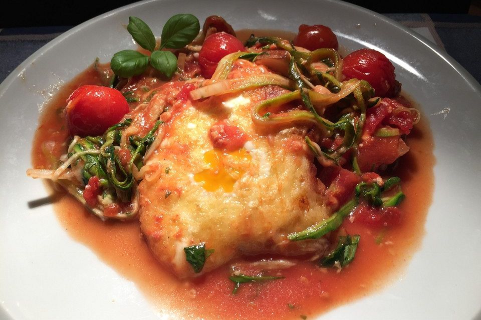 Zucchini-Spaghetti-Auflauf mit Tomaten und Eiern