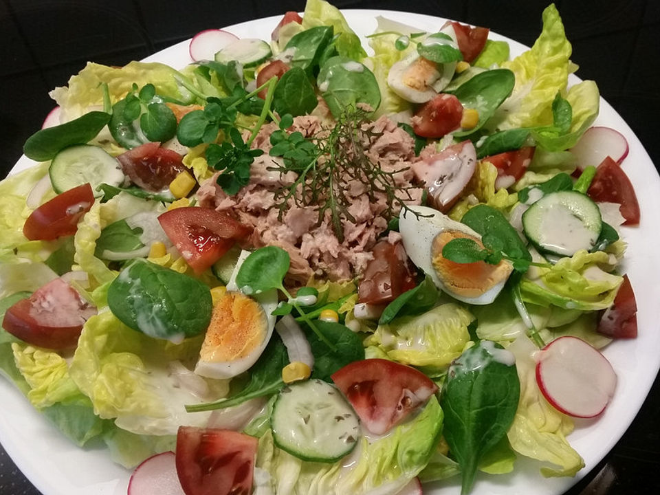 Gemischter Salat mit Thunfisch, Ei und Joghurtdressing - Kochen Gut ...