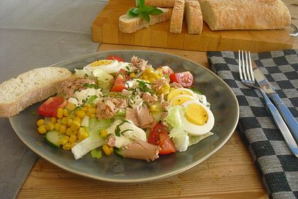 Rezeptbild zum Rezept Gemischter Salat mit Thunfisch, Ei und Joghurtdressing